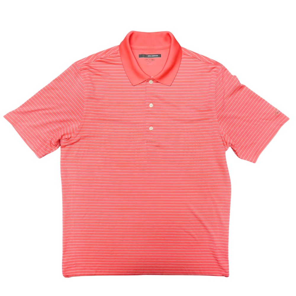 Greg Norman Play Dry Golf Polo Mens Medium Coral Pink Striped Performance